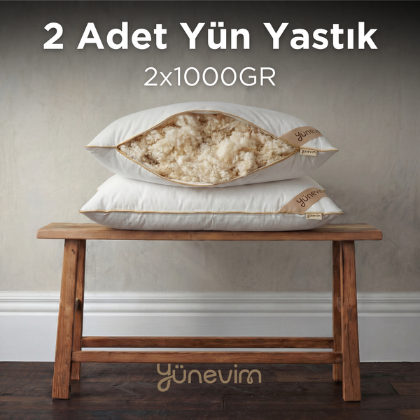 2 Adet Doğal Boncuk Kuzu Yünü Yastık 50x70 cm 2x1000 GR Merinos Kuzu Yünü