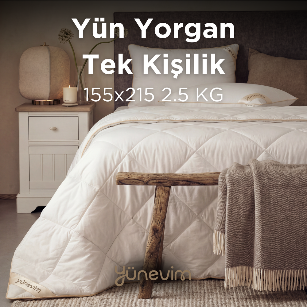 Tek Kişilik Kuzu Yünü Yorgan 155x215 cm 2,5 kg Merinos Kuzu Yünü