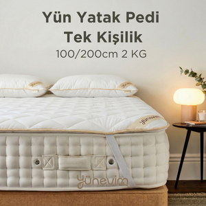 100x200 Yün Yatak Pedi Tek Kişilik 2 KG Merinos Kuzu Yünü