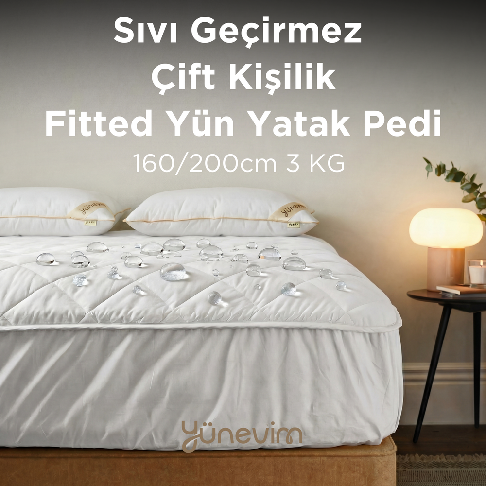 160x200 Sıvı Geçirmez Merinos Kuzu Yünü Fitted Alez (3 KG)