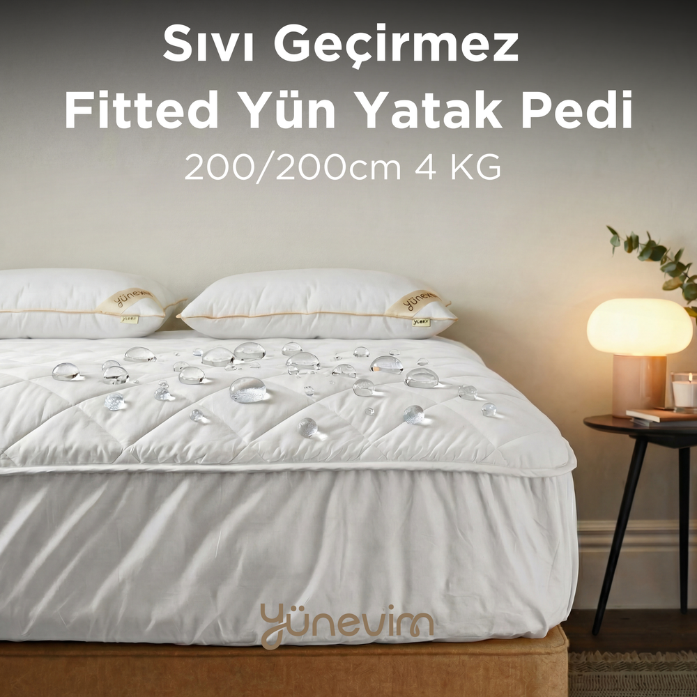 200x200 Sıvı Geçirmez Merinos Kuzu Yünü Fitted Alez (4 KG)