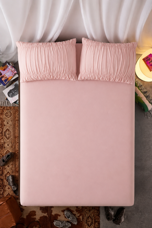 Açık Pembe Büzgülü Pamuklu Lastikli Çarşaf & Yastık Kılıfı Seti