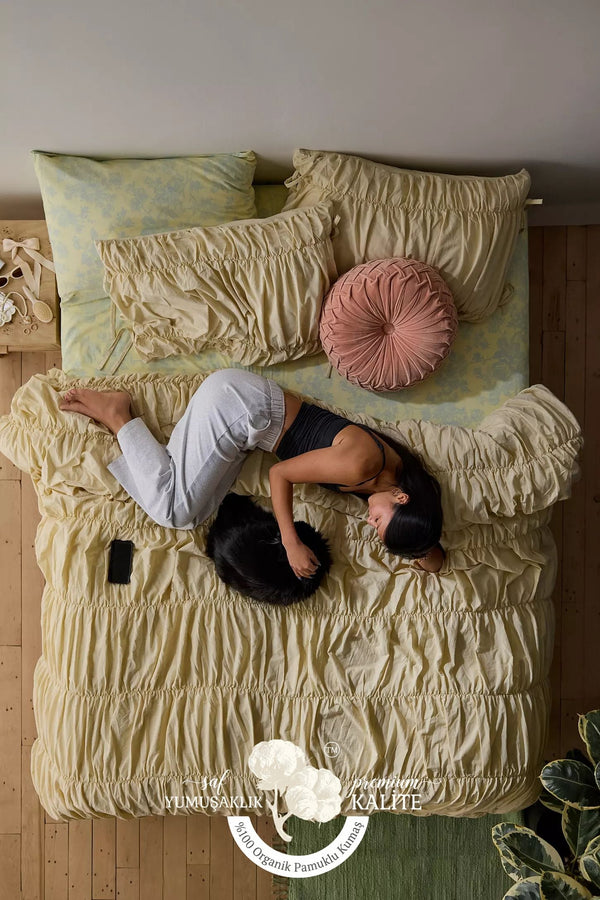 Sarı %100 Organik Pamuk Bürümcük Nevresim Takımı - Yün Evim® Natural Serisi