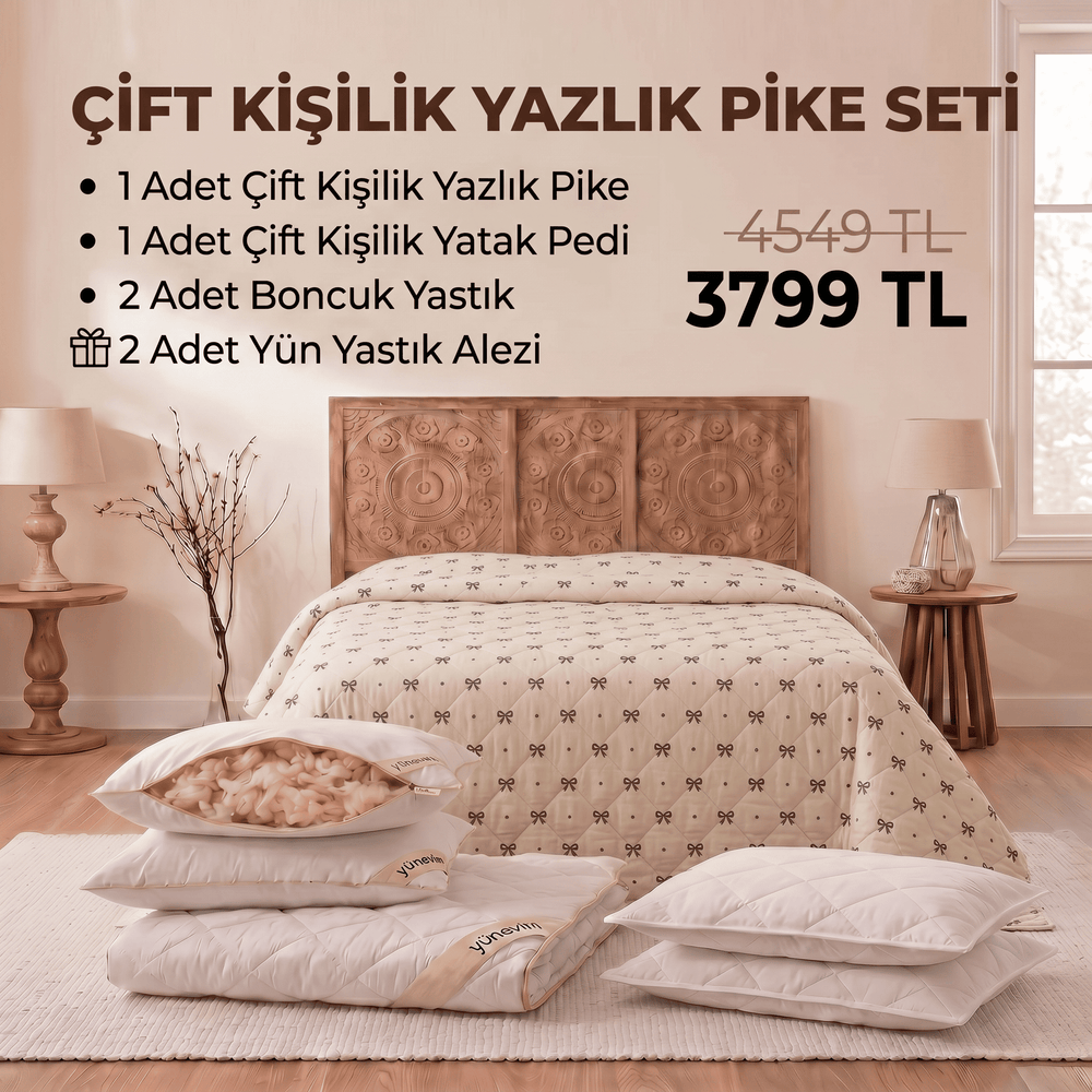 Çift Kişilik Yazlık Pike Seti: Pike + Yün Yatak Pedi + 2 Yastık + Hediyeli!