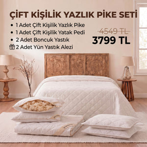 Çift Kişilik Yazlık Pike Seti: Pike + Yün Yatak Pedi + 2 Yastık + Hediyeli!