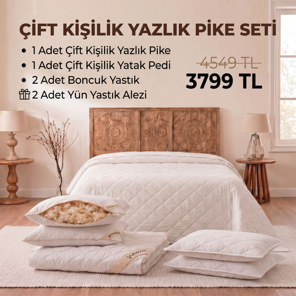 Çift Kişilik Yazlık Pike Seti: Pike + Yün Yatak Pedi + 2 Yastık + Hediyeli!