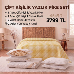 Çift Kişilik Yazlık Pike Seti: Pike + Yün Yatak Pedi + 2 Yastık + Hediyeli!