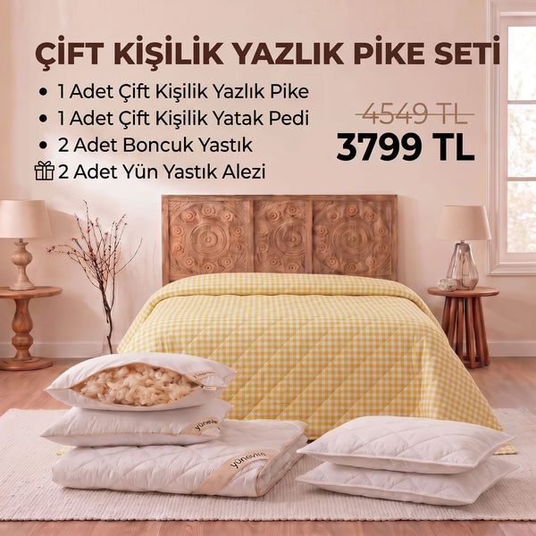 Çift Kişilik Yazlık Pike Seti: Pike + Yün Yatak Pedi + 2 Yastık + Hediyeli!