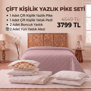 Çift Kişilik Yazlık Pike Seti: Pike + Yün Yatak Pedi + 2 Yastık + Hediyeli!