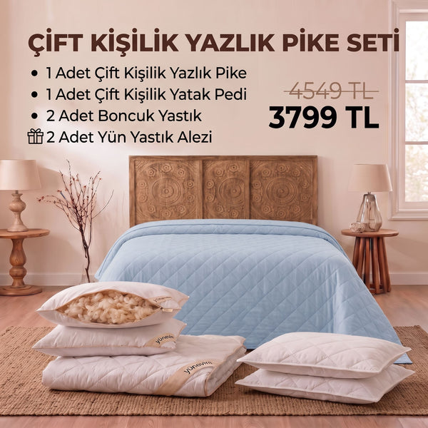 Çift Kişilik Yazlık Pike Seti: Pike + Yün Yatak Pedi + 2 Yastık + Hediyeli!