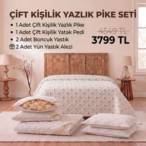 Çift Kişilik Yazlık Pike Seti: Pike + Yün Yatak Pedi + 2 Yastık + Hediyeli!