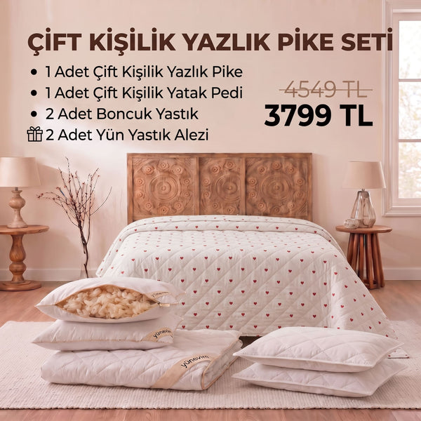 Çift Kişilik Yazlık Pike Seti: Pike + Yün Yatak Pedi + 2 Yastık + Hediyeli!