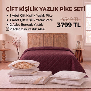 Çift Kişilik Yazlık Pike Seti: Pike + Yün Yatak Pedi + 2 Yastık + Hediyeli!