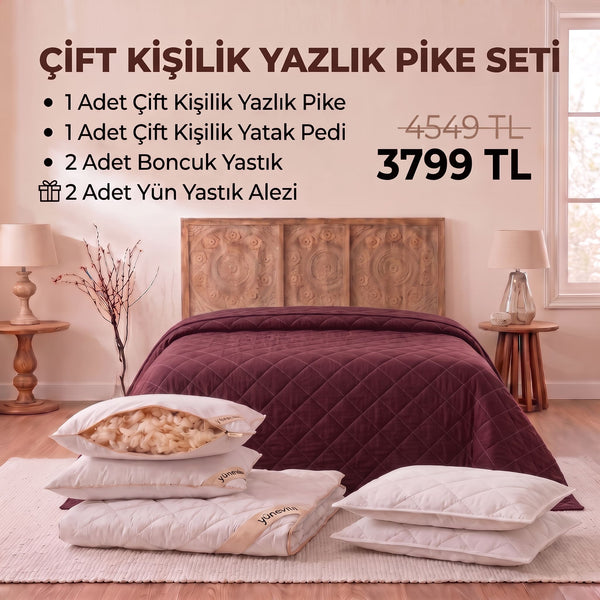 Çift Kişilik Yazlık Pike Seti: Pike + Yün Yatak Pedi + 2 Yastık + Hediyeli!