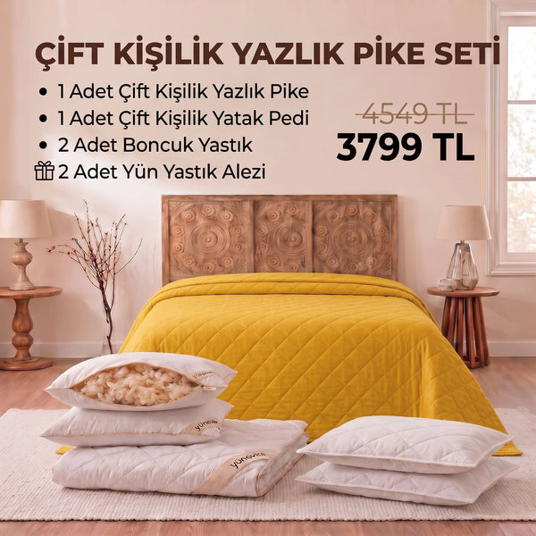 Çift Kişilik Yazlık Pike Seti: Pike + Yün Yatak Pedi + 2 Yastık + Hediyeli!