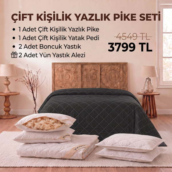 Çift Kişilik Yazlık Pike Seti: Pike + Yün Yatak Pedi + 2 Yastık + Hediyeli!