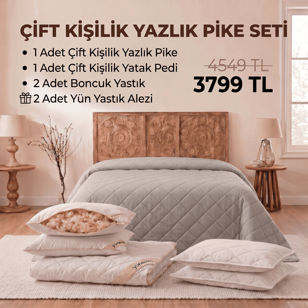 Çift Kişilik Yazlık Pike Seti: Pike + Yün Yatak Pedi + 2 Yastık + Hediyeli!