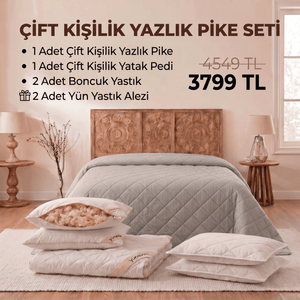 Çift Kişilik Yazlık Pike Seti: Pike + Yün Yatak Pedi + 2 Yastık + Hediyeli!
