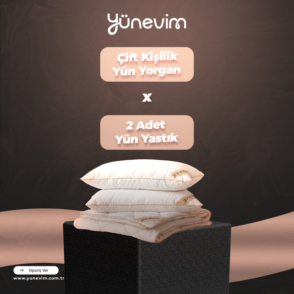 Kış Seti | 1 Adet Çift Kişilik Yün Yorgan + 2 Adet Yün Yastık