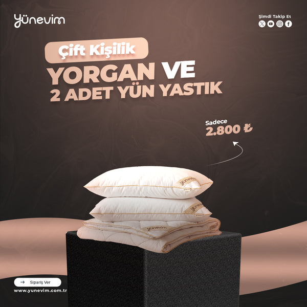 Kış Seti | 1 Adet Çift Kişilik Yün Yorgan + 2 Adet Yün Yastık