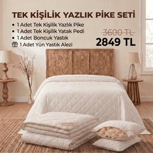 Tek Kişilik Yazlık Pike Seti: Pike + Yün Yatak Pedi + 1 Yastık + Hediyeli! (Kopya)