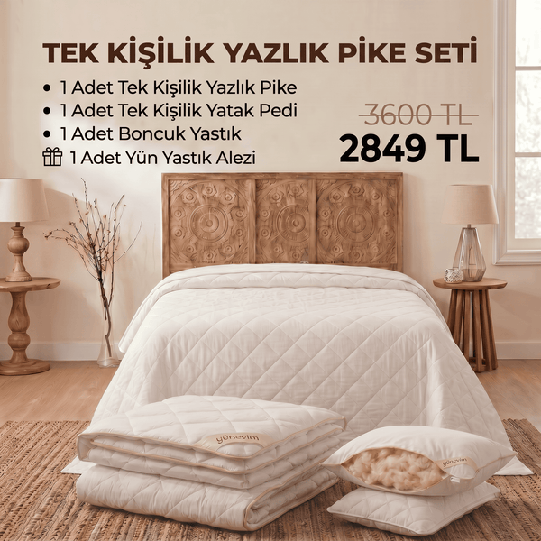 Tek Kişilik Yazlık Pike Seti: Pike + Yün Yatak Pedi + 1 Yastık + Hediyeli! (Kopya)
