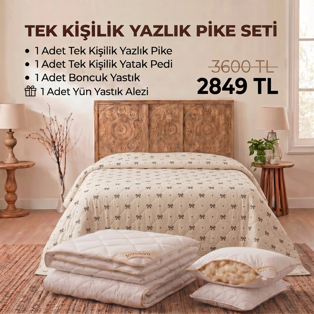 Tek Kişilik Yazlık Pike Seti: Pike + Yün Yatak Pedi + 1 Yastık + Hediyeli! (Kopya)