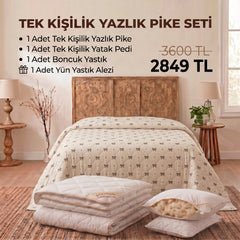 Tek Kişilik Yazlık Pike Seti: Pike + Yün Yatak Pedi + 1 Yastık + Hediyeli! (Kopya)