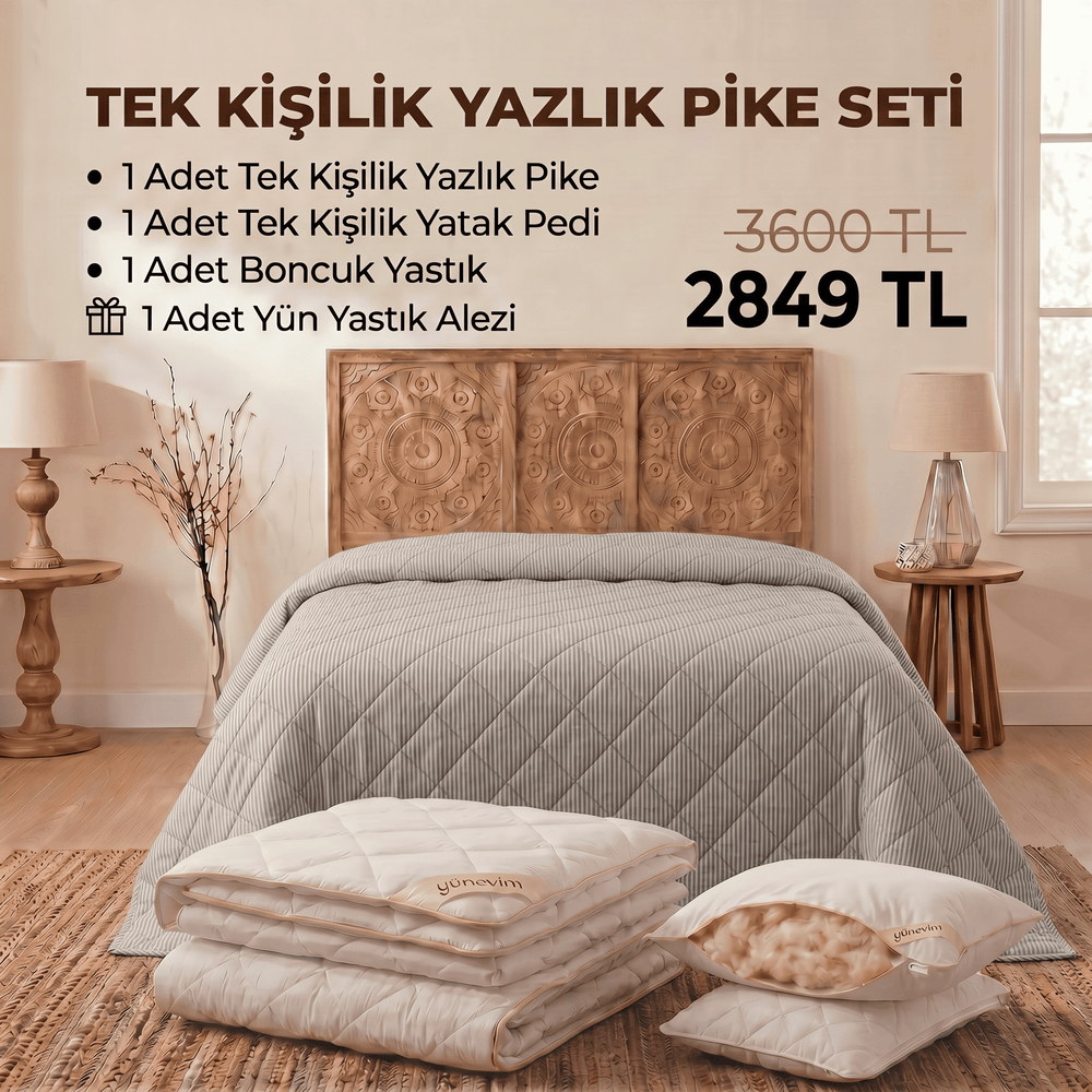 Tek Kişilik Yazlık Pike Seti: Pike + Yün Yatak Pedi + 1 Yastık + Hediyeli! (Kopya)