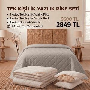 Tek Kişilik Yazlık Pike Seti: Pike + Yün Yatak Pedi + 1 Yastık + Hediyeli! (Kopya)