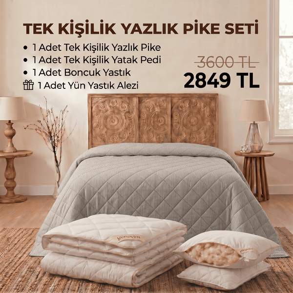 Tek Kişilik Yazlık Pike Seti: Pike + Yün Yatak Pedi + 1 Yastık + Hediyeli! (Kopya)