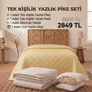 Tek Kişilik Yazlık Pike Seti: Pike + Yün Yatak Pedi + 1 Yastık + Hediyeli! (Kopya)