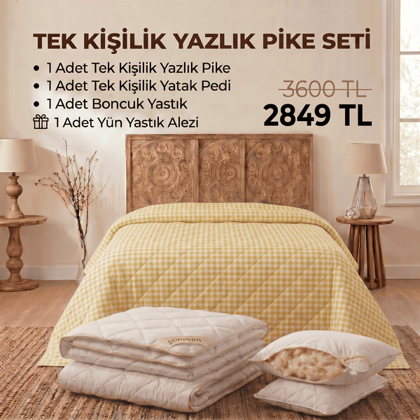 Tek Kişilik Yazlık Pike Seti: Pike + Yün Yatak Pedi + 1 Yastık + Hediyeli! (Kopya)
