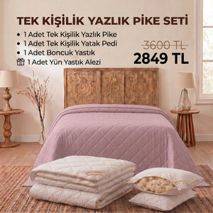 Tek Kişilik Yazlık Pike Seti: Pike + Yün Yatak Pedi + 1 Yastık + Hediyeli! (Kopya)