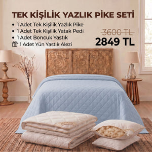 Tek Kişilik Yazlık Pike Seti: Pike + Yün Yatak Pedi + 1 Yastık + Hediyeli! (Kopya)