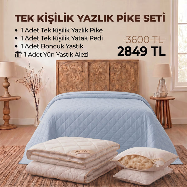 Tek Kişilik Yazlık Pike Seti: Pike + Yün Yatak Pedi + 1 Yastık + Hediyeli! (Kopya)
