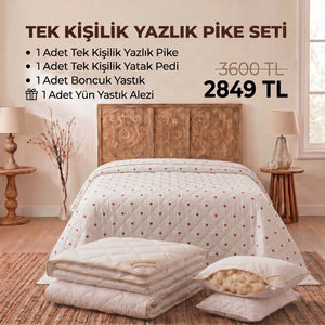 Tek Kişilik Yazlık Pike Seti: Pike + Yün Yatak Pedi + 1 Yastık + Hediyeli! (Kopya)