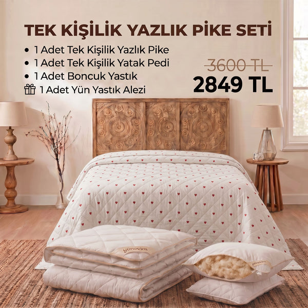 Tek Kişilik Yazlık Pike Seti: Pike + Yün Yatak Pedi + 1 Yastık + Hediyeli! (Kopya)