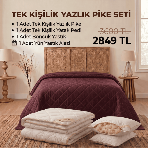 Tek Kişilik Yazlık Pike Seti: Pike + Yün Yatak Pedi + 1 Yastık + Hediyeli! (Kopya)