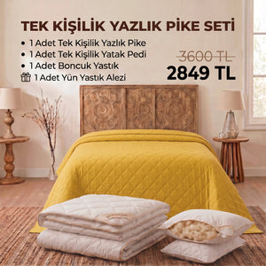 Tek Kişilik Yazlık Pike Seti: Pike + Yün Yatak Pedi + 1 Yastık + Hediyeli! (Kopya)