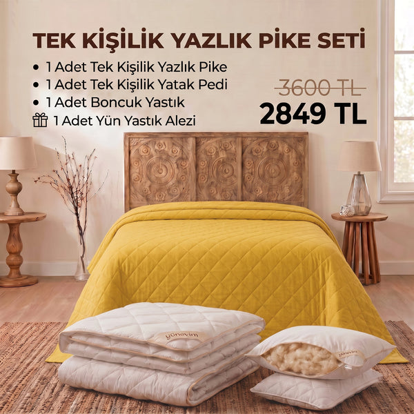 Tek Kişilik Yazlık Pike Seti: Pike + Yün Yatak Pedi + 1 Yastık + Hediyeli! (Kopya)