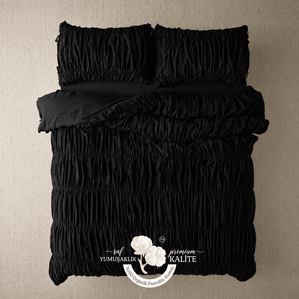 Obsidyen Siyahı %100 Organik Pamuk Büzgülü Nevresim Takımı - Yün Evim® Natural Serisi