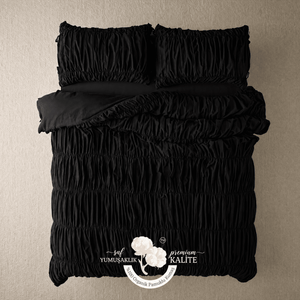 Obsidyen Siyahı %100 Organik Pamuk Büzgülü Nevresim Takımı - Yün Evim® Natural Serisi