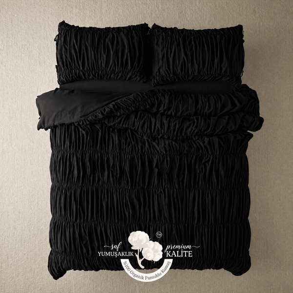 Obsidyen Siyahı %100 Organik Pamuk Büzgülü Nevresim Takımı - Yün Evim® Natural Serisi