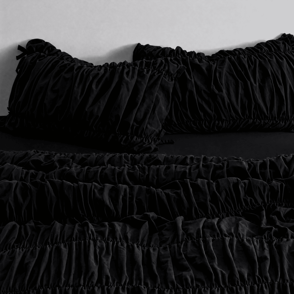 Obsidyen Siyahı %100 Organik Pamuk Büzgülü Nevresim Takımı - Yün Evim® Natural Serisi