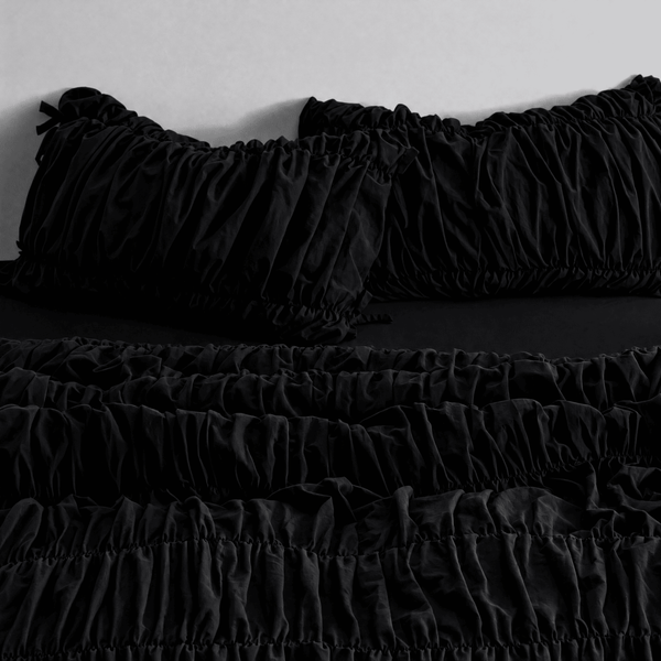 Obsidyen Siyahı %100 Organik Pamuk Büzgülü Nevresim Takımı - Yün Evim® Natural Serisi