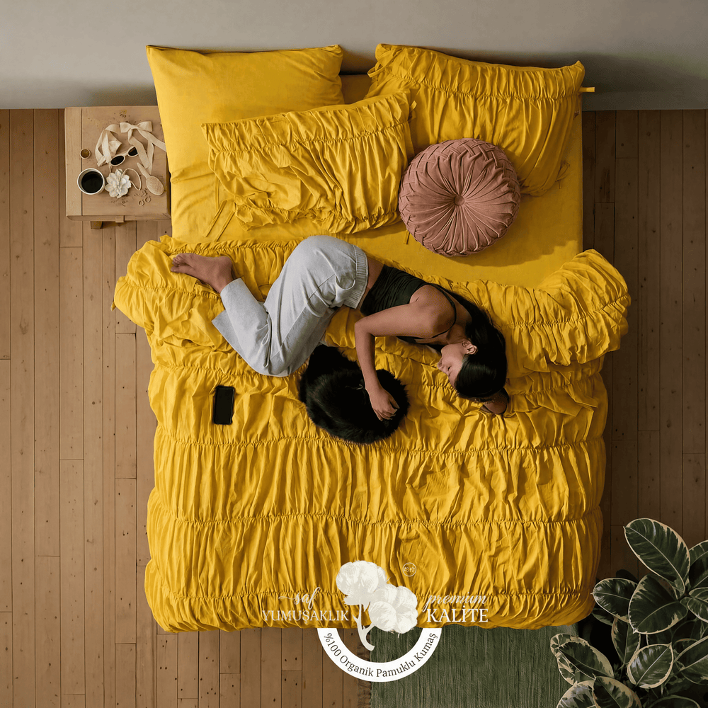 Güneş Sarısı %100 Organik Pamuk Büzgülü Nevresim Takımı - Yün Evim® Natural Serisi