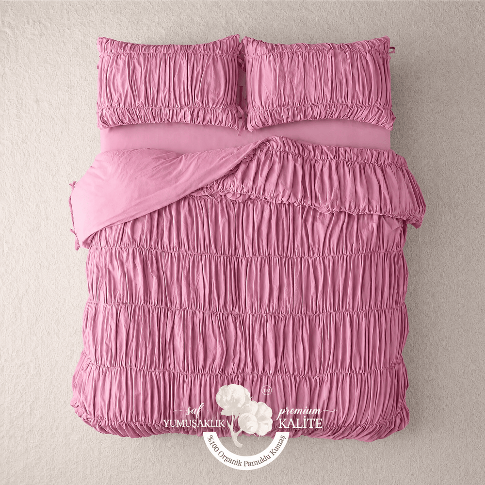 Pembe %100 Organik Pamuk Büzgülü Nevresim Takımı - Yün Evim® Natural Serisi