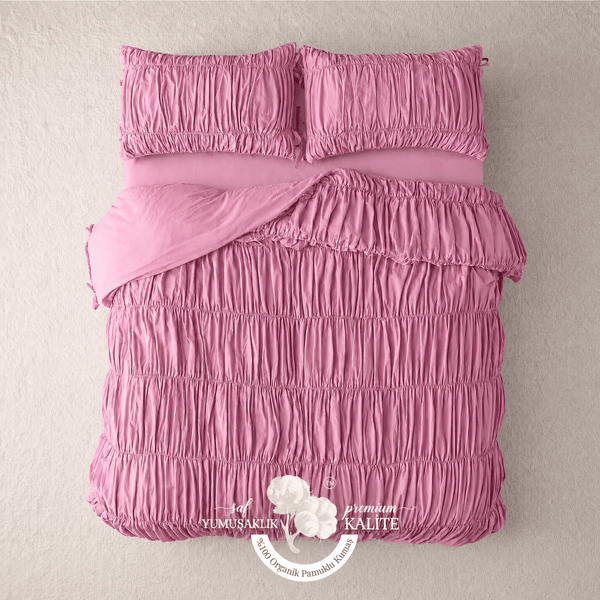 Pembe %100 Organik Pamuk Büzgülü Nevresim Takımı - Yün Evim® Natural Serisi