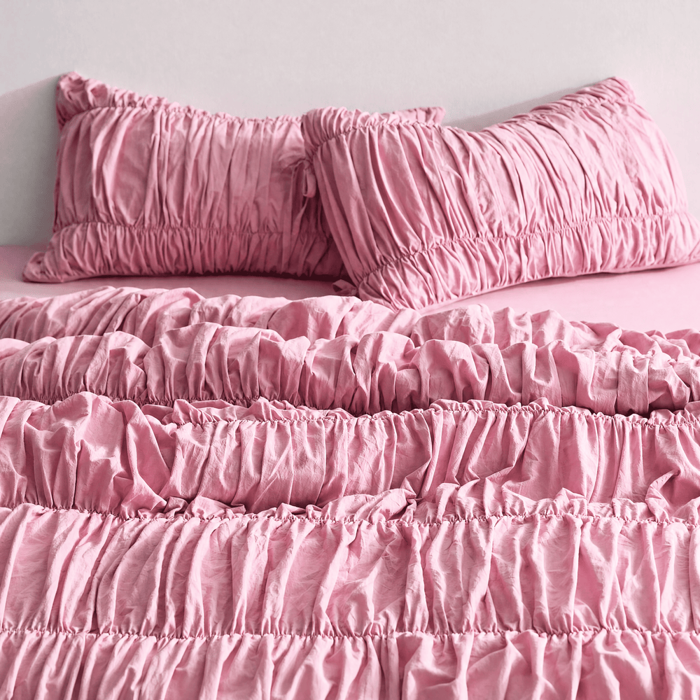 Pembe %100 Organik Pamuk Büzgülü Nevresim Takımı - Yün Evim® Natural Serisi